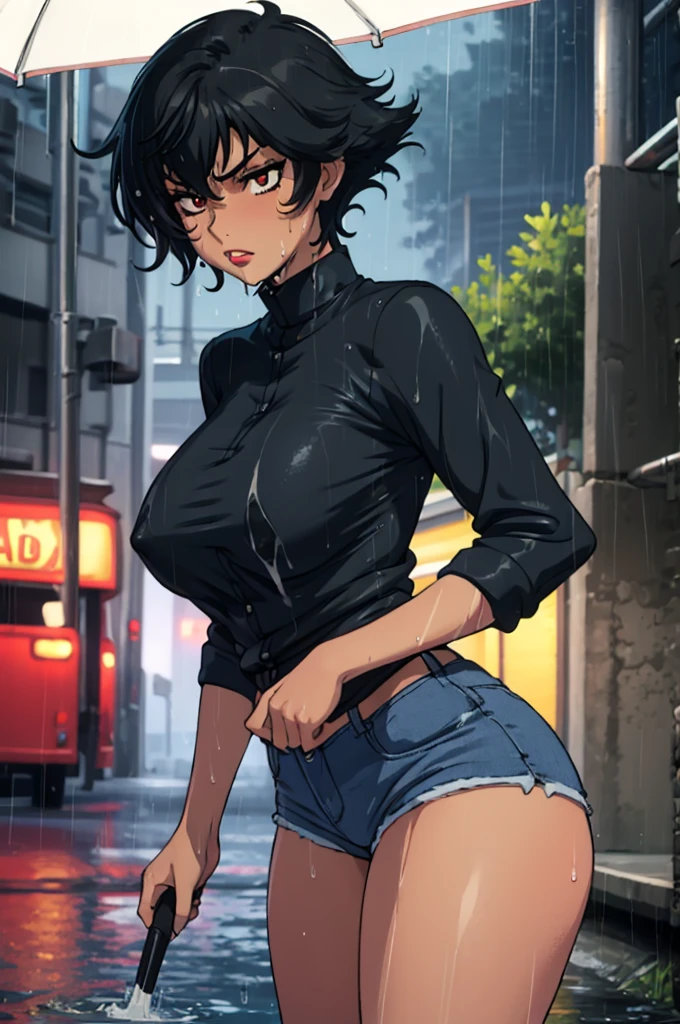 closed mouth, (), ((1girl)), ((((solo))), (((alone))), (((genderbend))), (((female))), wide hips, thick thighs, huge breast, narrow waist, ((blue top)), (jean mini shorts), ((anime artstyle)), long eyelashes, ((long black hair)), (prostitute), (((at night))), (red lipstick), (black eyeshadow), (in the dark), (((raining))), (((wet))), (((wet clothes))), (((dark streets)))