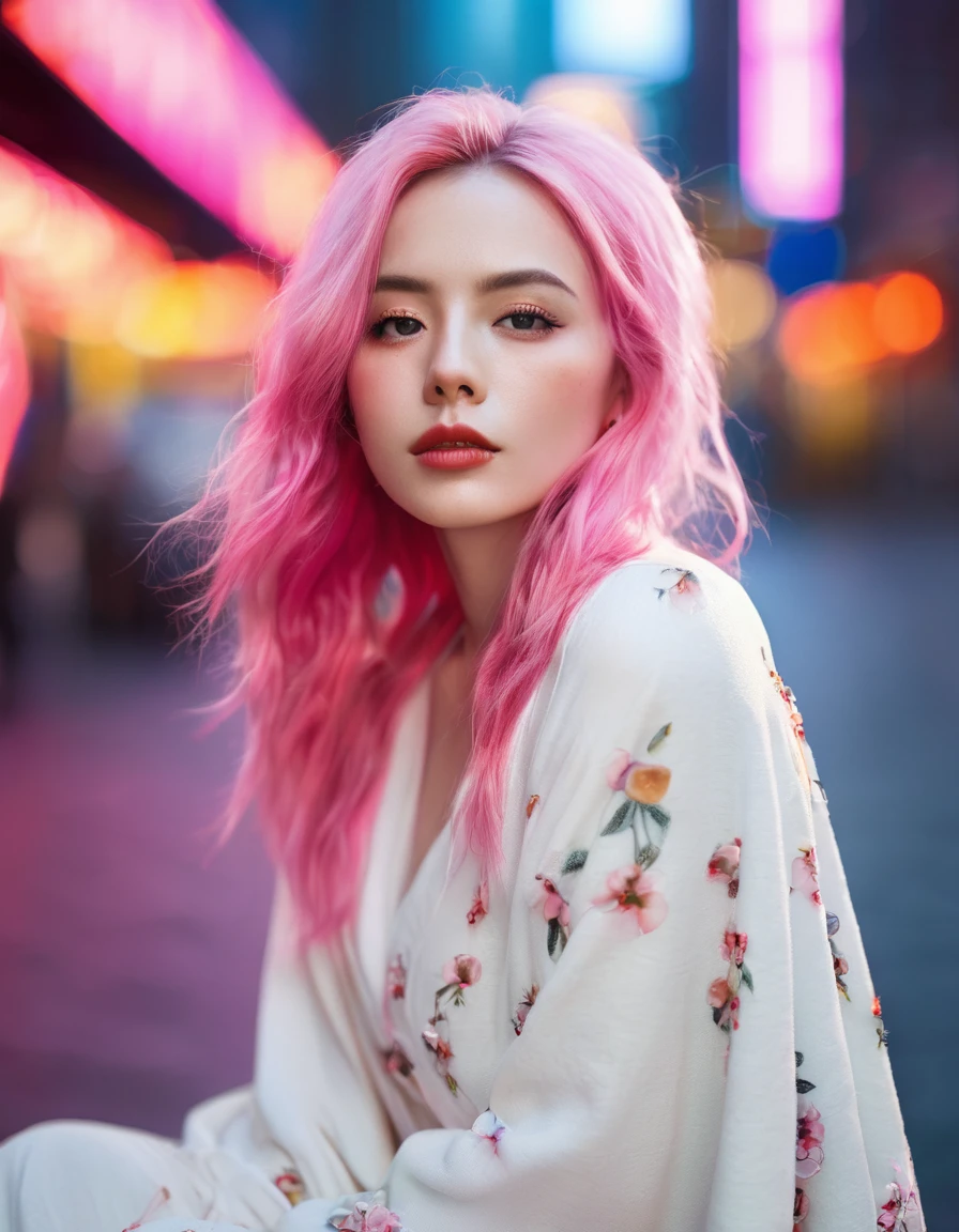 Beautiful woman with long pink hair( white blanket blouse), There is a red flower in front of her、Covering one eye and part of the face。., Natural light,Sitting in the neon lights of New York , Bright colors, Bokeh style, Style with ultra-fine details, High quality photos,long range shooting
