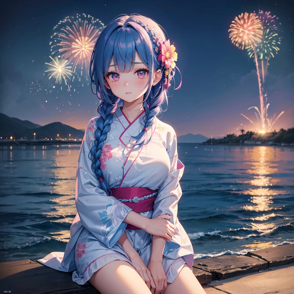 (Sky Blue Medium Hair:1.2), (Braided Hair),(Pink Eyes),Fair skin ,(whole body),(1 girl)、Floral Yukata、summer night、Extra-large fireworks filling the night sky、Huge fireworks launched from the sea、Watching the fireworks while sitting next to each other、Straight bangs,(masterpiece, Highest quality, Very detailed, Best Shadow), (Detailed Background), (Beautifully detailed face), High Contrast, (Best lighting, Very delicate and beautiful), ((Cinematic Light)), colorful, Hyper Detail 8k, Dramatic Light, Intricate details,Fireworks reflected on the water surface、