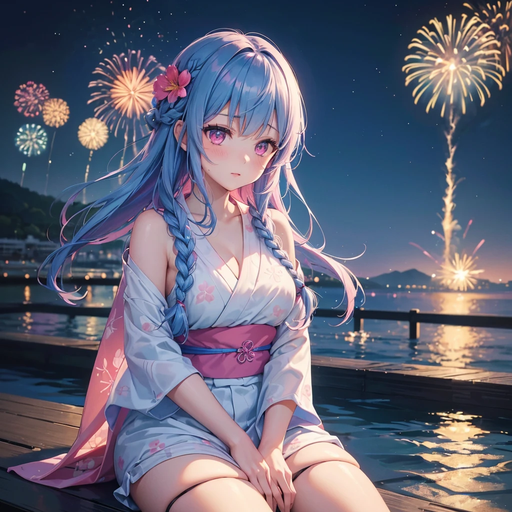 (Sky Blue Medium Hair:1.2), (Braided Hair),(Pink Eyes),Fair skin ,(whole body),(1 girl)、Floral Yukata、summer night、Extra-large fireworks filling the night sky、Huge fireworks launched from the sea、Watching the fireworks while sitting next to each other、Straight bangs,(masterpiece, Highest quality, Very detailed, Best Shadow), (Detailed Background), (Beautifully detailed face), High Contrast, (Best lighting, Very delicate and beautiful), ((Cinematic Light)), colorful, Hyper Detail 8k, Dramatic Light, Intricate details,Fireworks reflected on the water surface、
