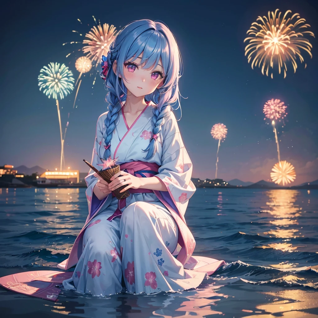 (Sky Blue Medium Hair:1.2), (Braided Hair),(Pink Eyes),Fair skin ,(whole body),(1 girl)、Floral Yukata、summer night、Extra-large fireworks filling the night sky、Huge fireworks launched from the sea、Watching the fireworks while sitting next to each other、Straight bangs,(masterpiece, Highest quality, Very detailed, Best Shadow), (Detailed Background), (Beautifully detailed face), High Contrast, (Best lighting, Very delicate and beautiful), ((Cinematic Light)), colorful, Hyper Detail 8k, Dramatic Light, Intricate details,Fireworks reflected on the water surface、