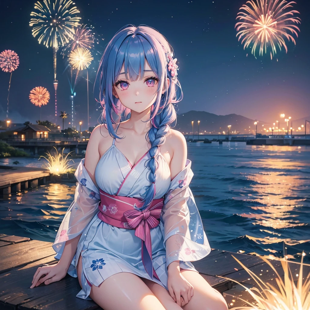 (Sky Blue Medium Hair:1.2), (Braided Hair),(Pink Eyes),Fair skin ,(whole body),(1 girl)、Floral Yukata、summer night、Extra-large fireworks filling the night sky、Huge fireworks launched from the sea、Watching the fireworks while sitting next to each other、Straight bangs,(masterpiece, Highest quality, Very detailed, Best Shadow), (Detailed Background), (Beautifully detailed face), High Contrast, (Best lighting, Very delicate and beautiful), ((Cinematic Light)), colorful, Hyper Detail 8k, Dramatic Light, Intricate details,Fireworks reflected on the water surface、