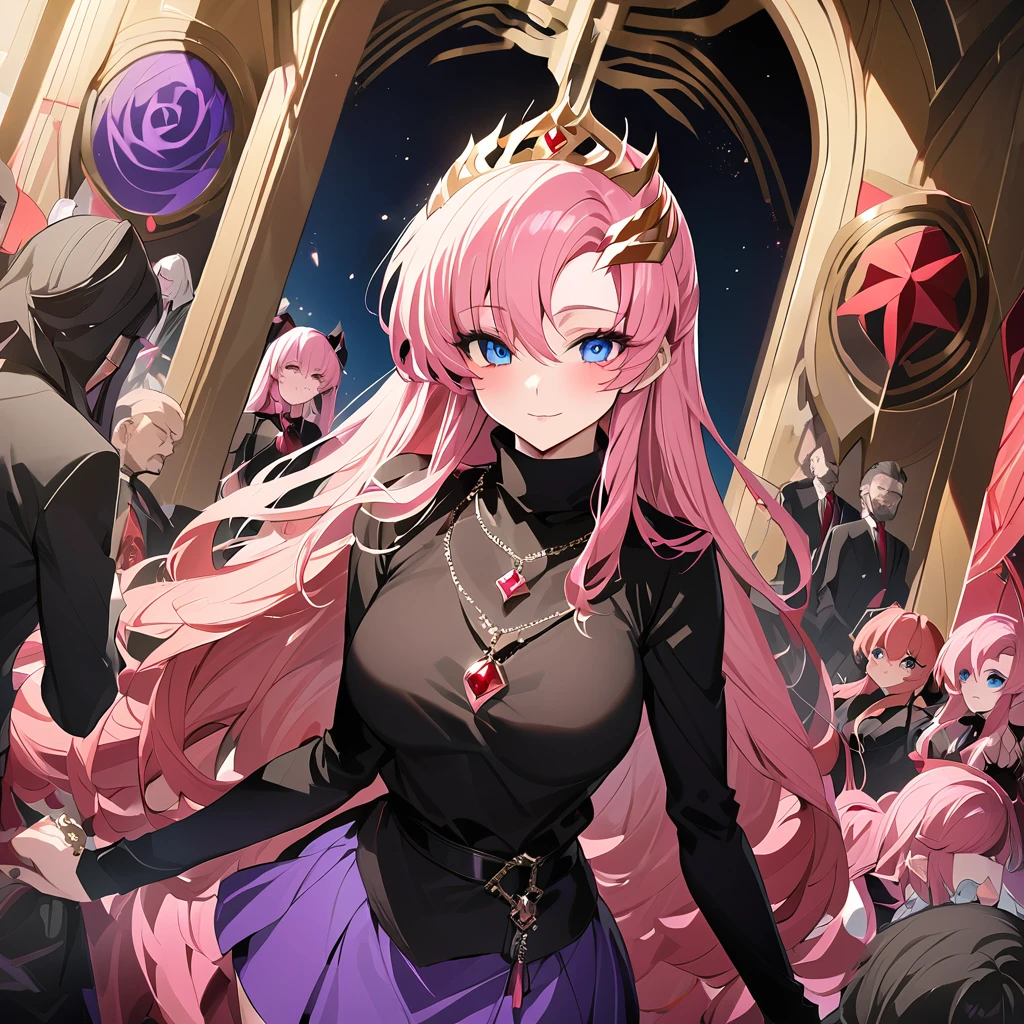 ((Highest quality)), ((masterpiece)), (detailed), （Perfect Face）、The beautiful and seductive woman is Lacus Clyne, the wife of the leader of the evil god cult, the saint of darkness, and has blue eyes, pink hair, medium-long hair, and a gorgeous and delicately detailed masochism.々She is wearing a beautiful black evil god shrine maiden outfit, an evil god necklace and other evil accessories, a gorgeous evil god head chain tiara, and an engagement ring.、The woman is the wife of a middle-aged, bearded cult leader who is revered by a mysterious cult of evil gods.、He is standing at the altar of the Evil God Cult with a mysterious cult leader dressed in luxurious cult leader clothing.