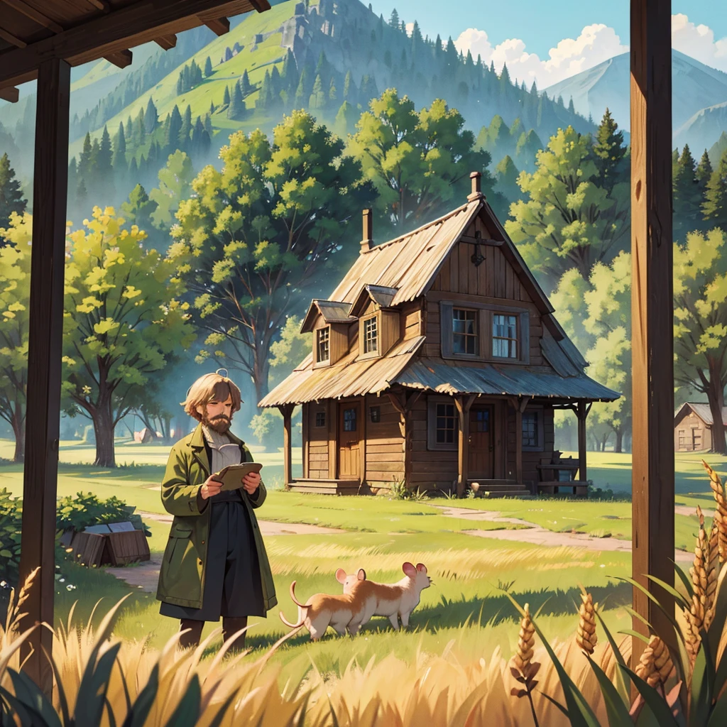 best quality,highres,masterpiece:1.2,ultra-detailed,realistic:1.37,a man and a mouse in a rustic countryside,classic painting,soft lighting,rich colors,haystack,mossy rocks,golden wheat field,green meadow,timid mouse,long beard,aged face,weathered hands,wise eyes,gentle smile,nostalgic atmosphere,old wooden cabin,peaceful surroundings,harmonious connection,storybook-inspired,nostalgia.