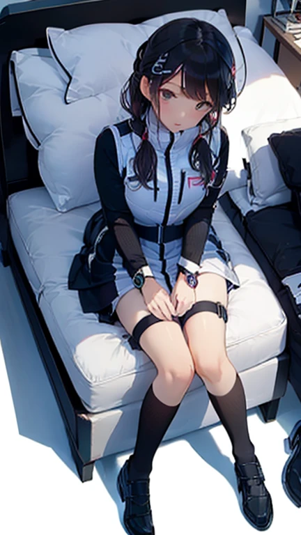 (Highest quality), (masterpiece), 1080P, High resolution, 4K, 8k, Thigh straps, Shooting from directly below, The woman on top of me, Nipples, 白いSweat, Covered , Sweat, Woman looking down, Micro Bikini, Skirt swimsuit, Thigh-high socks, To achieve this, , Small breasts, whole body, Black leather shoes, Braided hair, Inner Color, Embarrassed face, Short black hair, bracelet, Bedroom,celestial body_Vest
