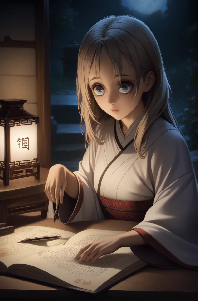 A photo of a beautiful girl in a traditional Chinese dress looking at ancient chinese book under lamp on a low table in garden surrounded by old walls in a peaceful night,((her right hold a pen and her left hand place on table)),((masterpiece)),realistic,4k,extremely detailed,((beautiful big eyes))