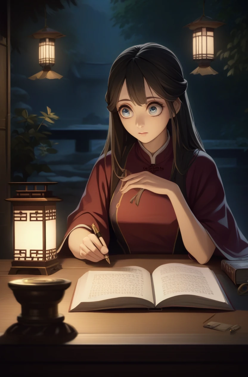 A photo of a beautiful girl in a traditional Chinese dress looking at ancient chinese book under lamp on a low table in garden surrounded by old walls in a peaceful night,((her right hold a pen and her left hand place on table)),((masterpiece)),realistic,4k,extremely detailed,((beautiful big eyes))