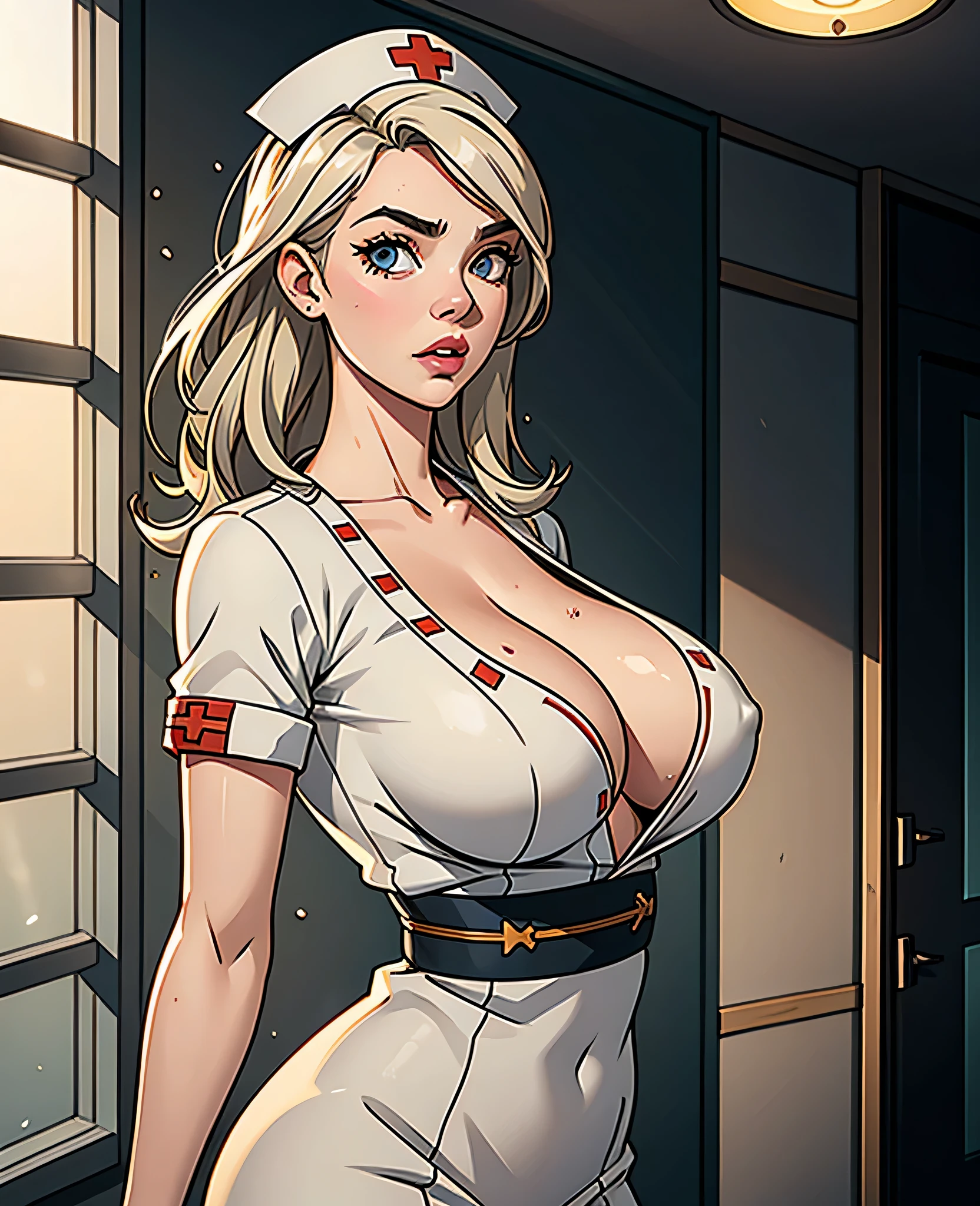 1 girl, (Anya Taylor-Joy:1.2), Nurse, Ward, breasts big, tight clothing, standing alone, Breasts huge, realisitic, photorealisitic, Graphic novel, impossible clothes, thick lips, fleshy lips, large lips, (suprised:1.2), (shocked:1.2), [hair blonde|silver hair], two tone hair, shiny hair, ray of sunlight, divine rays, breasts bursting, ambient light, rim-light, rim lighting, backlight, realisitic, (photorealisitic:1.1), (arte linear:0.8)