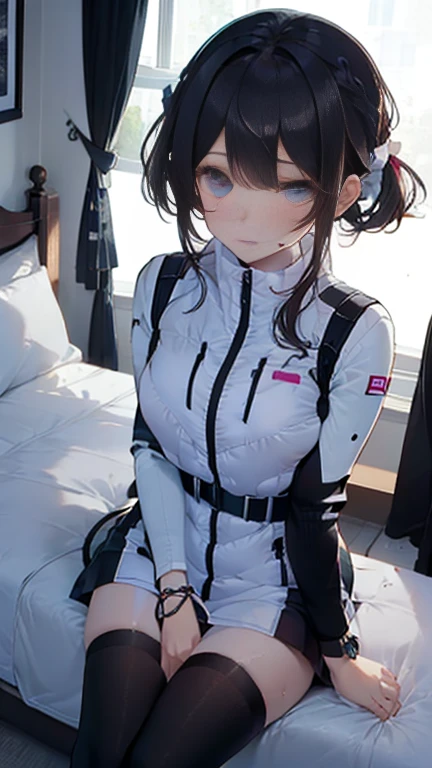 (Highest quality), (masterpiece), 1080P, High resolution, 4K, 8k, Thigh straps, Shooting from directly below, The woman on top of me, Nipples, 白いSweat, Covered , Sweat, Woman looking down, Micro Bikini, Skirt swimsuit, Thigh-high socks, To achieve this, 16 years old, Small breasts, whole body, Black leather shoes, Braided hair, Inner Color, Embarrassed face, Short black hair, bracelet, Bedroom,celestial body_Vest