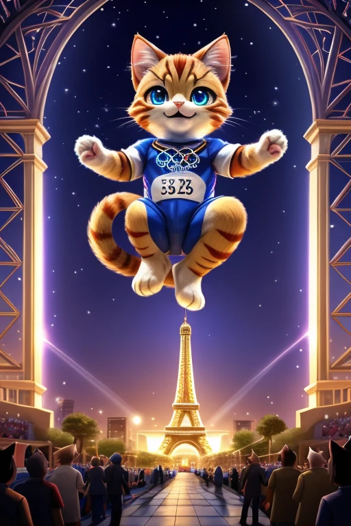 (Highest quality、masterpiece、8k))、Anatomically correct、Very detailed、High resolution、Realistic、((Beautiful, sparkling, detailed eyes))、Intricate details、Cinematic lighting、((Dynamic composition))、kitten、Big head、Olympic会場、Enthusiasm、Olympics、Olympicマーク、athlete、athlete、会場を埋め尽くすたくさんのkitten、Festival of Peace、((Olympic))、Three different colored cats、パリOlympics、Eiffel Tower、Projection Mapping