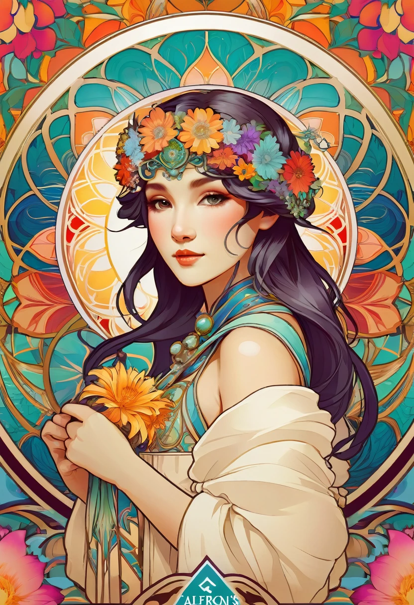 top quality, best quality, kaleidoscope, rzminjourney, vector-art, High-quality illustrations by Alfons Mucha, masterpiece(kemono, furry anthro)logo mark, round, colorful flower,