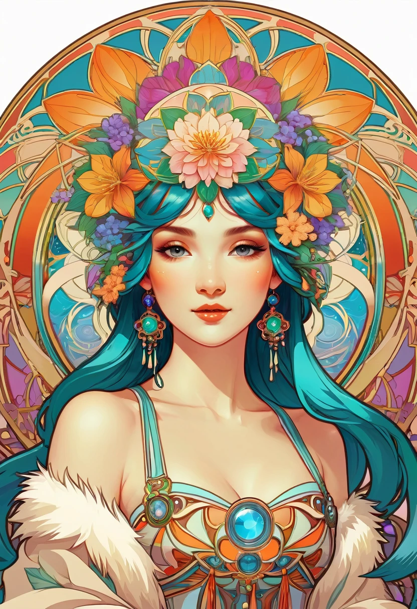 top quality, best quality, kaleidoscope, rzminjourney, vector-art, High-quality illustrations by Alfons Mucha, masterpiece(kemono, furry anthro)logo mark, round, colorful flower,