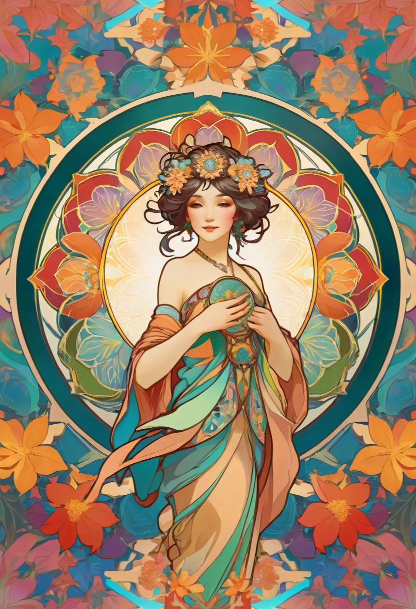 top quality, best quality, kaleidoscope, rzminjourney, vector-art, High-quality illustrations by Alfons Mucha, masterpiece(kemono, furry anthro)logo mark, round, colorful flower,