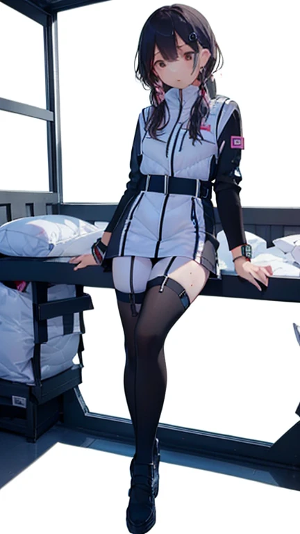 (Highest quality), (masterpiece), 1080P, High resolution, 4K, 8k, Thigh straps, Shooting from directly below, The woman on top of me, Nipples, 白いSweat, Covered , Sweat, Woman looking down, Micro Bikini, Skirt swimsuit, Thigh-high socks, To achieve this, , Small breasts, whole body, Black leather shoes, Braided hair, Inner Color, Embarrassed face, Short black hair, bracelet, Bedroom,celestial body_Vest