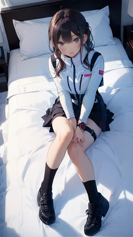 (Highest quality), (masterpiece), 1080P, High resolution, 4K, 8k, Thigh straps, Shooting from directly below, The woman on top of me, Nipples, 白いSweat, Covered , Sweat, Woman looking down, Micro Bikini, Skirt swimsuit, Thigh-high socks, To achieve this, 16 years old, Small breasts, whole body, Black leather shoes, Braided hair, Inner Color, Embarrassed face, Short black hair, bracelet, Bedroom,celestial body_Vest