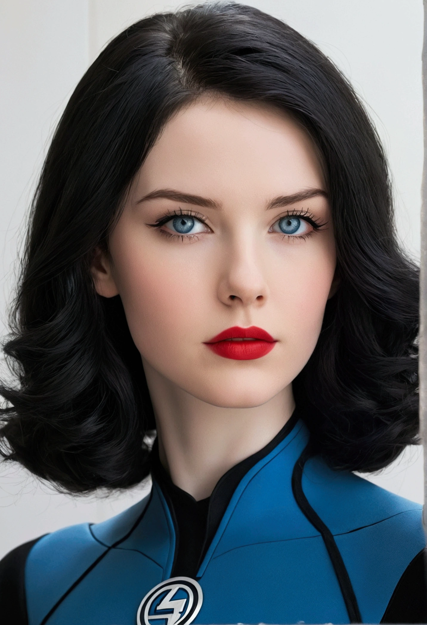 marvel conical panel, adolescent, fair and pale skin, greyish blue eyes, shoulder length black hair, long eyelashes, fantastic four suit , eyeliner, Red lips