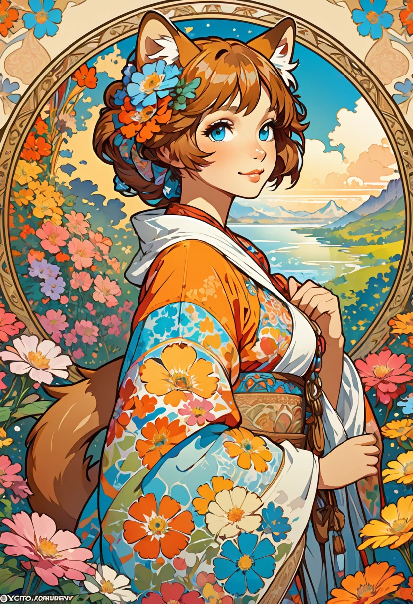 top quality, best quality, kaleidoscope, rzminjourney, vector-art, High-quality illustrations by Alfons Mucha, masterpiece(kemono, furry anthro)logo mark, round, colorful flower,