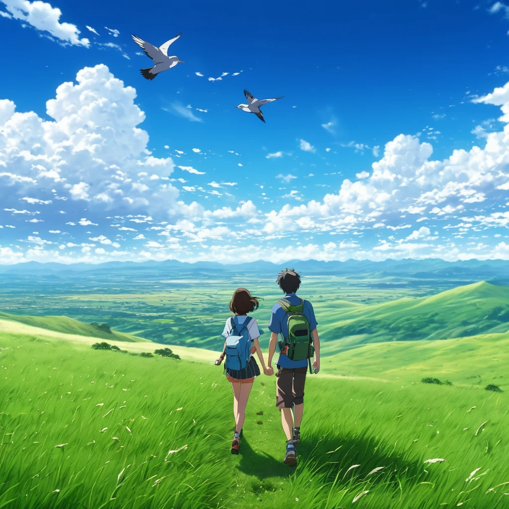 ((Best Quality, 8K, Masterpiece)) anime, anime landscape, anime couple hiking in distance, in a grassland, creative, realist, white clouds, blue sky, landscape amazing, guy looking away from camera, wide photo, realistic grass, birds flying, wind blowing hair, dirt path, beautiful tree, big clouds