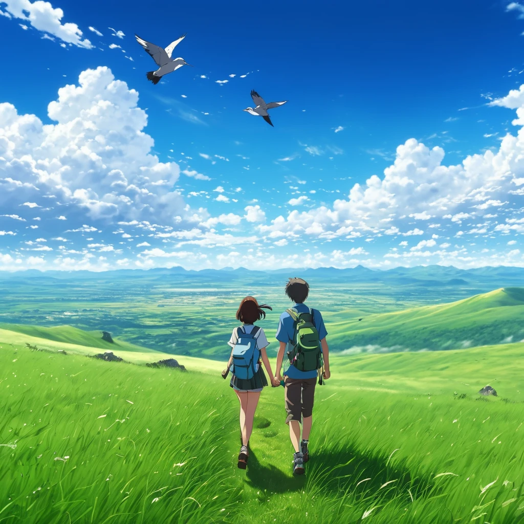 ((Best Quality, 8K, Masterpiece)) anime, anime landscape, anime couple hiking in distance, in a grassland, creative, realist, white clouds, blue sky, landscape amazing, guy looking away from camera, wide photo, realistic grass, birds flying, wind blowing hair, dirt path, beautiful tree, big clouds