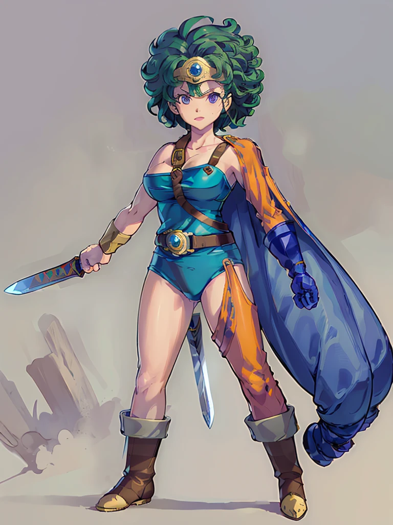 (masterpiece, Highest quality:1.1), (Weapons stored in the sheath, Weapon on the back, Sword on the shoulder:1.1), internal (dq3), One girl, alone, short hair, Brown Hair, Blue eyes, Circlet, Large Breasts, Cleavage, Strapless, Blue clothes, Purple Cape, Knee socks, gloves, boots, belt, sheath,, knee boots, Simple Background,