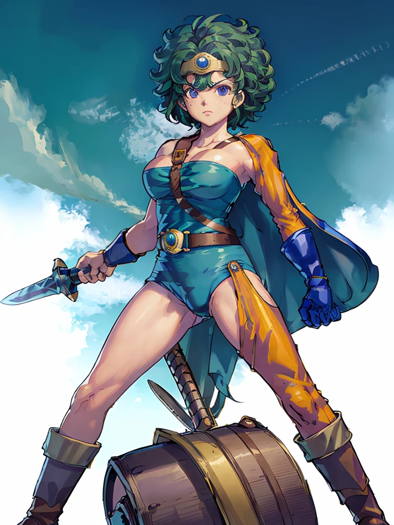 (masterpiece, Highest quality:1.1), (Weapons stored in the sheath, Weapon on the back, Sword on the shoulder:1.1), internal (dq3), One girl, alone, short hair, Brown Hair, Blue eyes, Circlet, Large Breasts, Cleavage, Strapless, Blue clothes, Purple Cape, Knee socks, gloves, boots, belt, sheath,, knee boots, Simple Background,