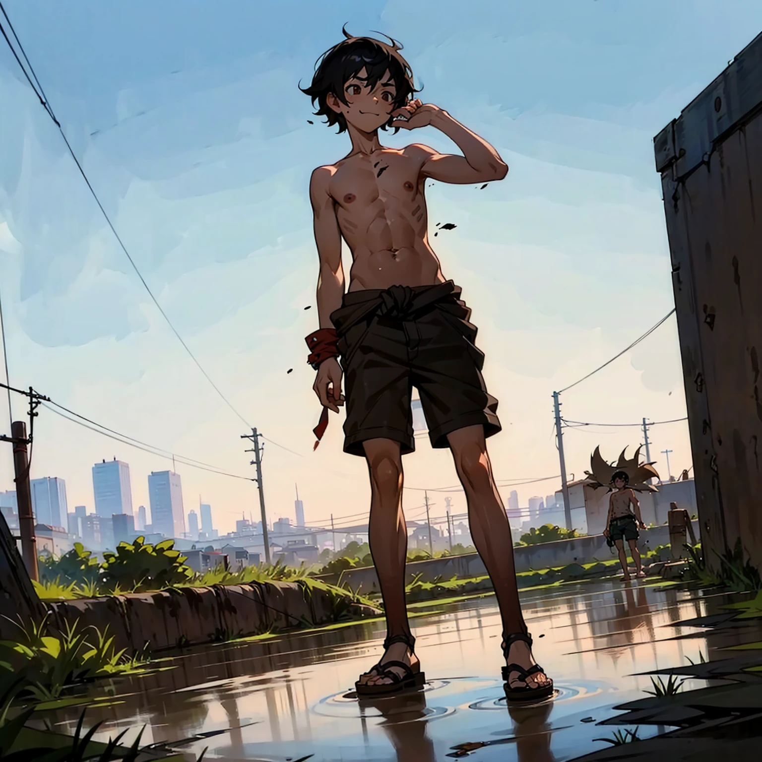 Baby boy, Full body version, Grassroots, background in city sewers, black hair, short haircut, brown eyes, dirty clothes, mud on background, topless, torn shorts, sandals, poor boy , flies on body, bad smell on body, smile mouth, standing gesture, blood on background