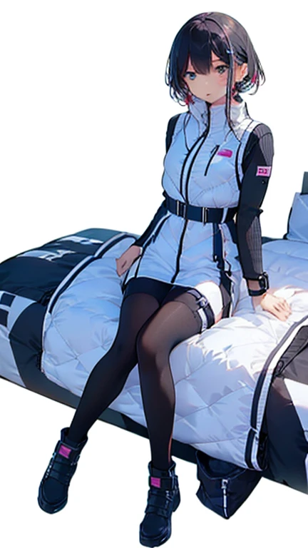 (Highest quality), (masterpiece), 1080P, High resolution, 4K, 8k, Thigh straps, Shooting from directly below, The woman on top of me, Nipples, 白いSweat, Covered , Sweat, Woman looking down, Micro Bikini, Skirt swimsuit, Thigh-high socks, To achieve this, 16 years old, Small breasts, whole body, Black leather shoes, Braided hair, Inner Color, Embarrassed face, Short black hair, bracelet, Bedroom,celestial body_Vest