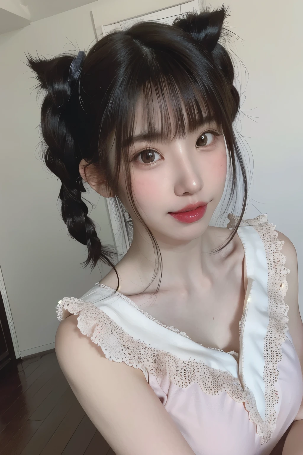 RAW Photos,(8k)、(Highest quality、8k、32K、Masterpiece: 1.2)、(High resolution)、(8k)、(High resolution)、 young woman、Black hair in twin tails、Black lace dress、White collar、Cat ear hair accessory、Cute expression、Pink blush、Brown eyes、White skin、Holding a ribbon in her right hand、Bright lighting、Shooting indoors、Background is blurred、Realistic depiction、Detailed Background、Natural pose、A well-balanced depiction of light and shadow。Selfie angle、Half Korean and half Japan、Korean is 60% 、18-year-old、cute、smile、Mouth closed、Thick lips、Red lips、freckled face、Aquiline Nose、