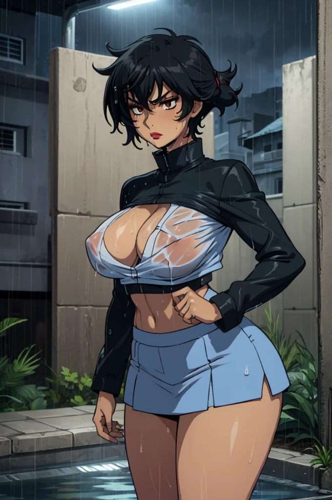 closed mouth, (), ((1girl)), ((((solo))), (((alone))), (((genderbend))), (((female))), wide hips, thick thighs, huge breast, narrow waist, ((blue tiny top)), (blue mini skirt), ((anime artstyle)), long eyelashes, ((long black hair)), (prostitute), (((at night))), (red lipstick), (black eyeshadow), (in the dark), (((raining))), (((wet))), (((wet clothes))), (((dark streets)))