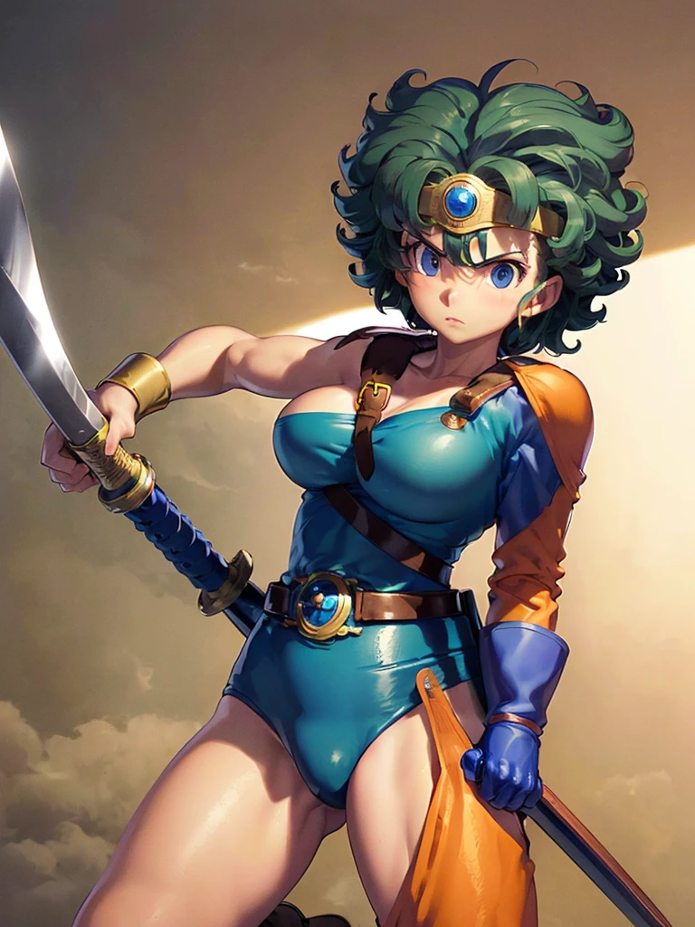 (masterpiece, Highest quality:1.1), (Weapons stored in the , Weapon on the back, Sword on the shoulder:1.1), internal (dq3), One girl, alone, short hair, Brown Hair, Blue eyes, Circlet, , Cleavage, Strapless, Blue clothes, Purple Cape, Knee socks, gloves, boots, belt, ,, knee boots, Simple Background,