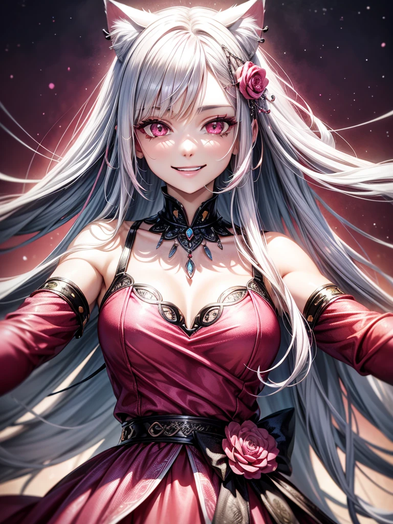 Silver hair, pink eyes, older woman, red pink clothes, hair jewel ornament, cat ears, necklace, long hair, smiling face, upper body