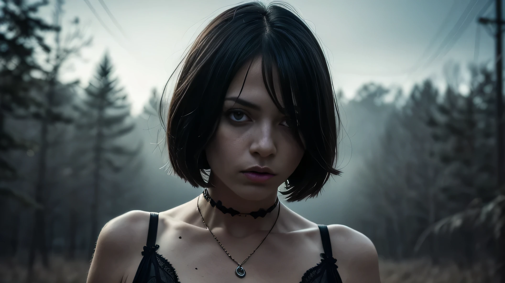 (Best Quality,hight resolution,Masterpiece, half body shot:1.2),Ultra-detailed,woman dressed in black thong and fishnet top,sickly,standing in a dark creepy cornfield at night, she's wearing a very sexy high waisted g-string black thong, corn field behind her, very high waisted thong, creepy cornfield in the background, perfect body, sensual pose,full body shot, horror vibes, farm at night, spooky farm, grain field, cornfield,centered subject,gloomy ecstasy,fetish,dark gloomy atmosphere, creepy atmosphere, gritty texture,Retro-atmosphere,warped reality,melancholic expression on his face,mysterious aura,foggy atmosphere,foggy background,Subtle color palette,provocative pose,Strong emotions,Coming Out of the Depths of Despair,Piercing gaze,intense shadows,Plunged in Darkness,dark industrial aesthetic,ominous vibe,A supernatural sensation,Loss of Place in Time and Space,Eerie silence.asymmetrical bangs, freckles, black short hair, Bangs, freckles, gray eyes,