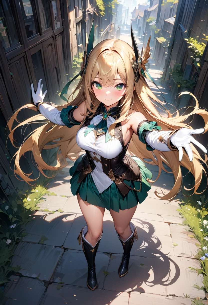 (masterpiece),(best quality),(ultra-detailed),(best illustration),(best shadow),(absurdres),(detailed background),(very aesthetic), 1girl, green-eyes, solo, gloves, blonde-hair, ((long-hair)), white-gloves, looking-at-viewer, full-body, simple-background, boots, dress, breasts, smile, standing, hair-ornament, closed-mouth, bangs, outstretched-arms, knee-boots, medium-breasts, bare-shoulders, detached-sleeves, ribbon, headgear, blush, sleeveless, elbow-gloves, skirt