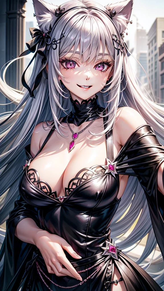 Silver hair, pink eyes, older woman, black clothes, hair jewel ornament, cat ears, necklace, long hair, smiling face, upper body