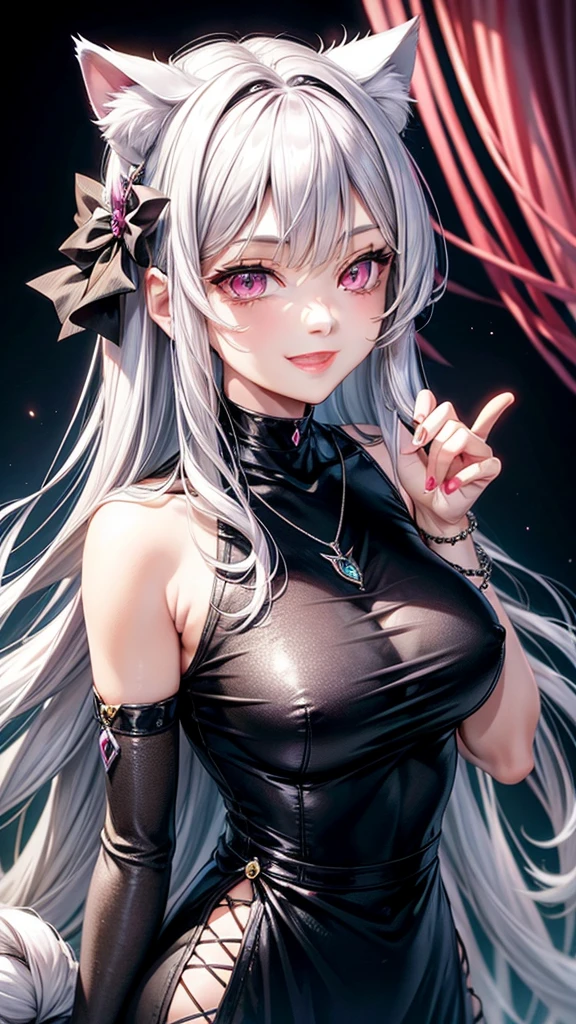 Silver hair, pink eyes, older woman, black clothes, hair jewel ornament, cat ears, necklace, long hair, smiling face, upper body