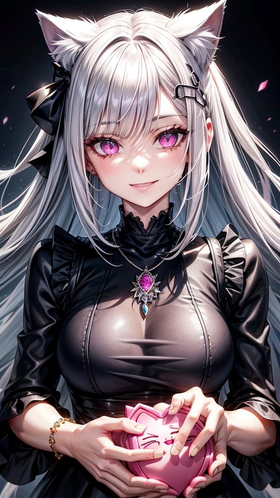 Silver hair, pink eyes, older woman, black clothes, hair jewel ornament, cat ears, necklace, long hair, smiling face, upper body