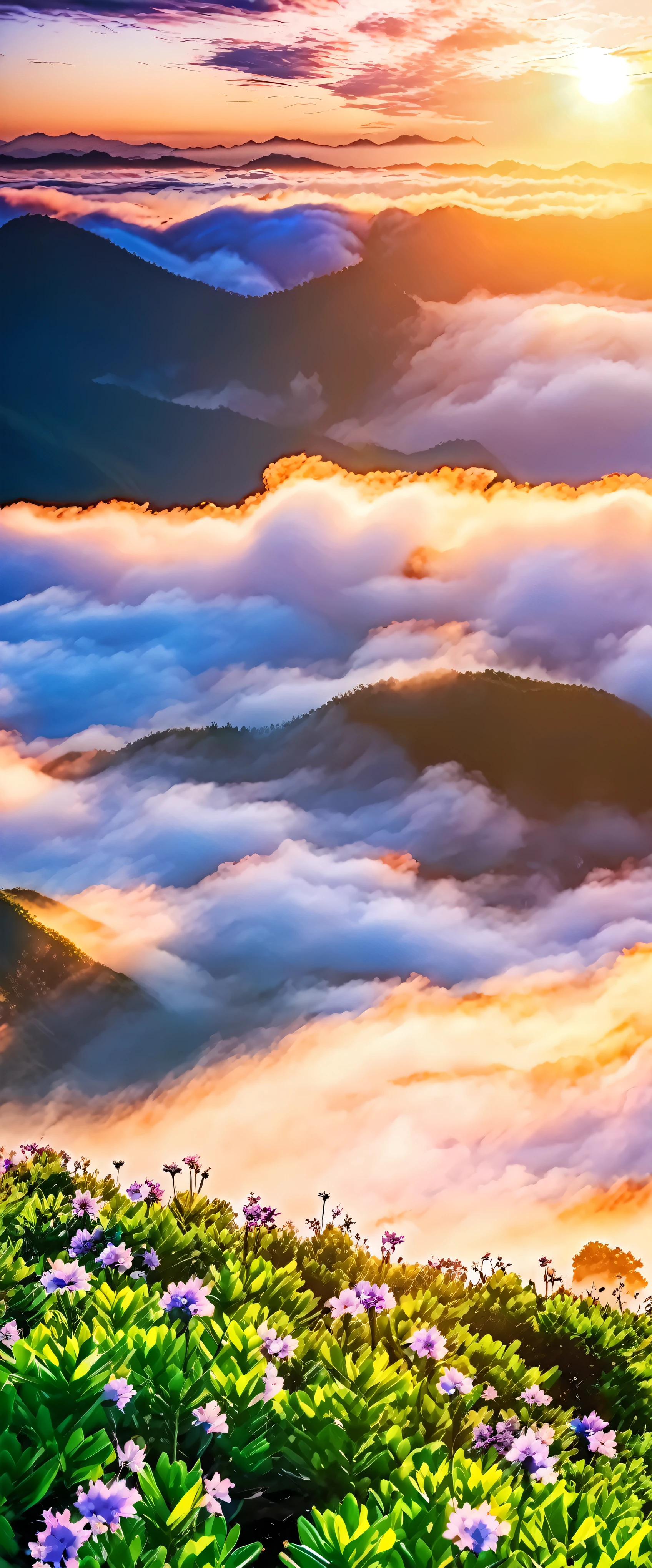 with high definition images，The start of a new day、Rising sun light，The hillside is covered with flowers and plants、The flowers are close by、Amazing sky reflection、Fantastic atmosphere 8K、Beautiful Clouds、Sea color reflection、Surreal Sky、Beautiful sky、Beautiful and spectacular sunrise sky、Beautiful dream landscape、god々Fresh morning light