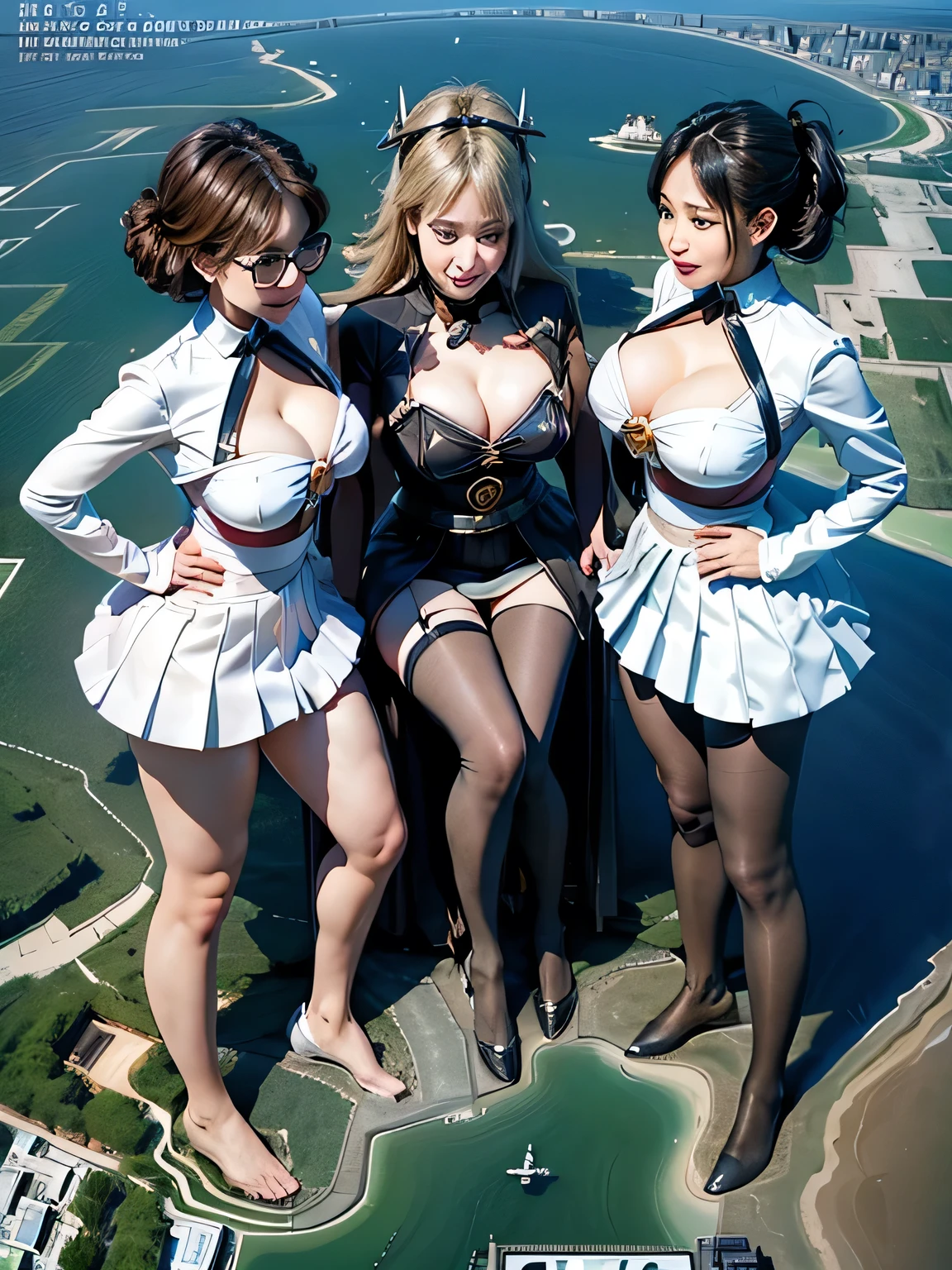 multiple girls, 3girls, standing, giantess art, highly detailed giantess shots, giantess, most detailed, perfect face, Two legs, Five fingers, short hair, A beautiful girl who is bigger than a skyscraper, Wearing rimless glasses, smile, huge breasts, magical girl dress, bow, magical girl, holding a magical wand, black pantyhose, stiletto heels, thunderbolt from a magical wand, seaside metropolis, numerous miniature warships on the sea, Destroying cities, Under heavy attack, A very small big city, Miniature metropolis, Full body description, GTS, giga giantess, stomping city, crash city, tiny city, micro city, pantyhose feet, High resolution, highest quality, masterpiece, 