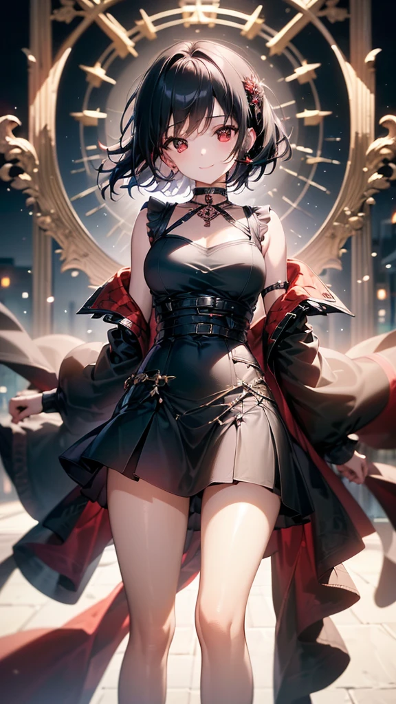 (masterpiece, highest quality, highest quality, (No text), Beautiful and aesthetic:1.2),No text,アニメ、BREAK,One Girl,Black Hair Girl short hair older sister choker Beautiful eyes Red eyes cool smile Left facing Red and Black Black jacket mini skirt Whole body In town