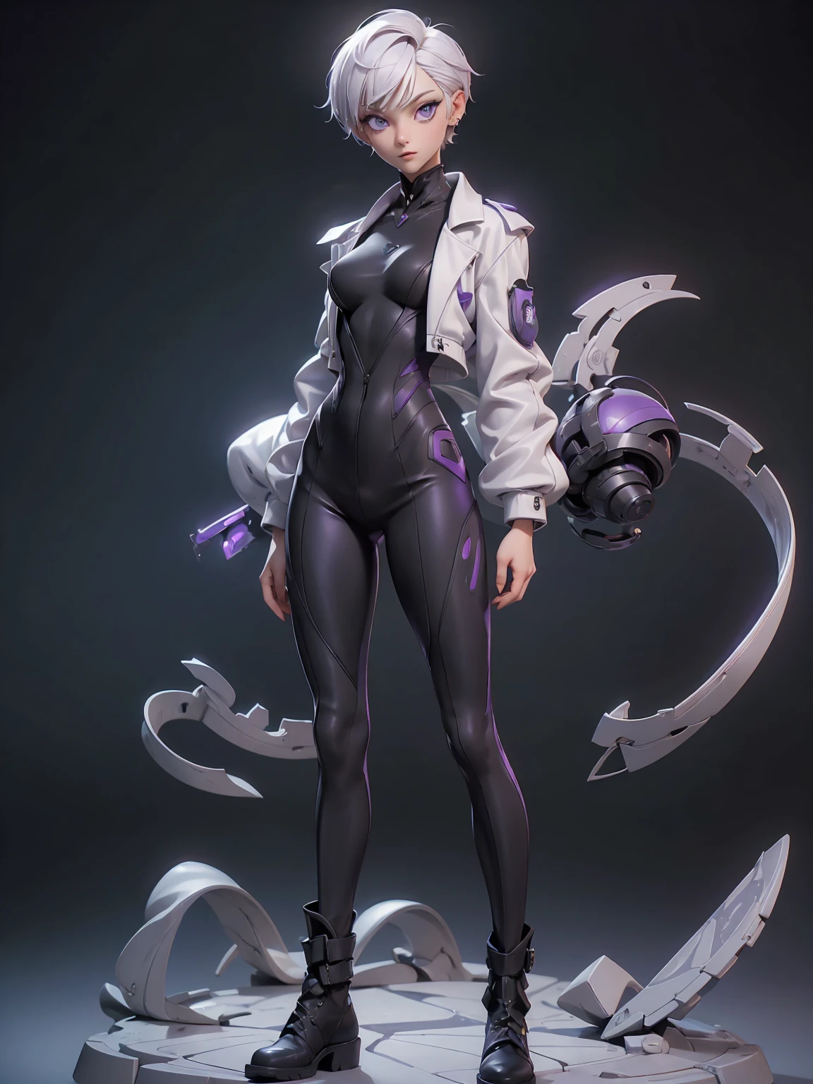 (((Best Quality))), (((Masterpiece))), (((Realistic))) slender, cute girl with short white hair and vibrant purple eyes. She wears a tight-fitting, sleek black and suit with high-tech boots