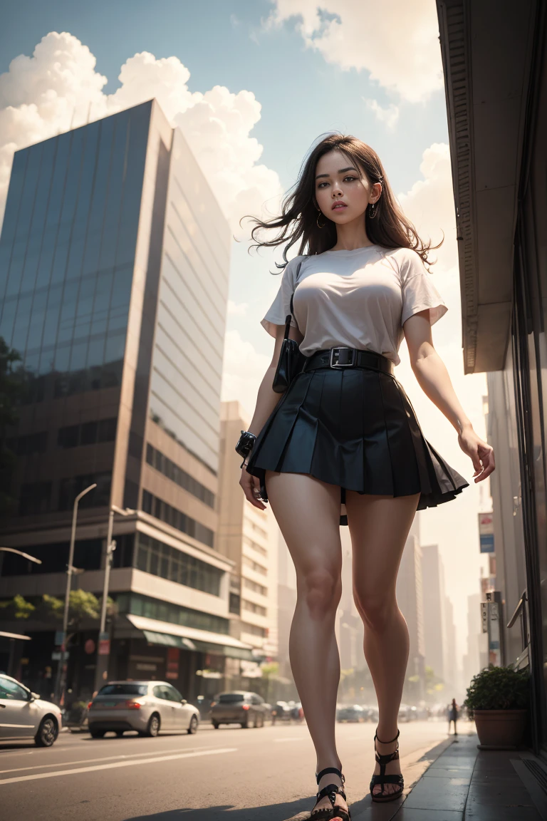 A towering Giantess in a white shirt, short sleeves, black color pleated skirt, black belt, looking at viewers, Her toned and she lean and slender body. She seems to be casually strolling through the bustling cityscape of Bangkok City, skytrain, as towering buildings loom overhead. Smoke and clouds roil around her, adding to the sense of epic scale and drama. The lighting is clear and realistic full body, The perspective is from below.