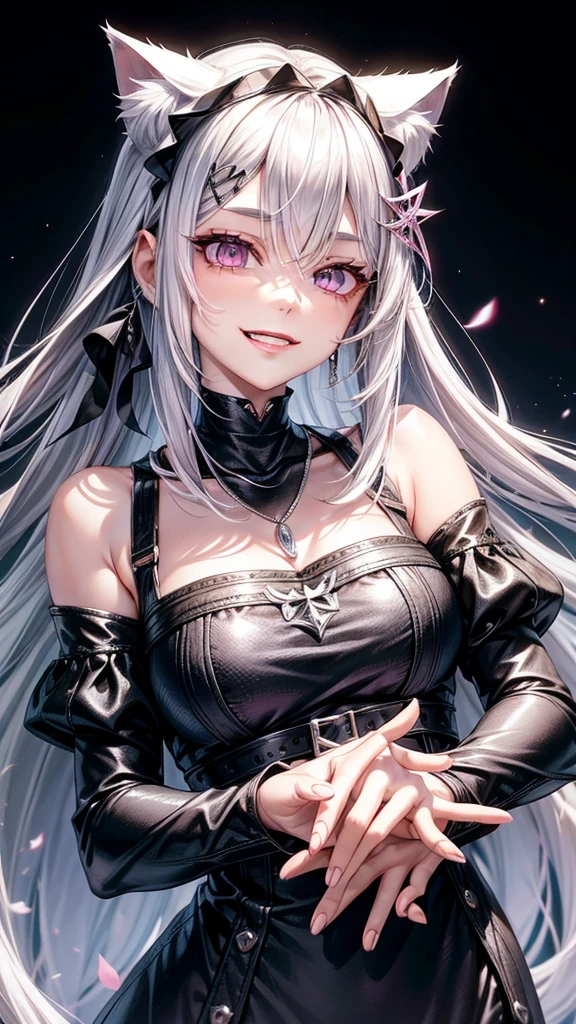 Silver hair, pink eyes, body, cat ears, woman, earrings, fantasy background, casual clothes, hair bows, happy face
