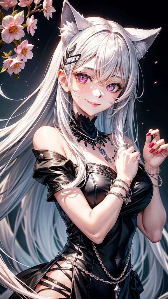 dress, pink eyes, silver hair, cat ears, sexy pose