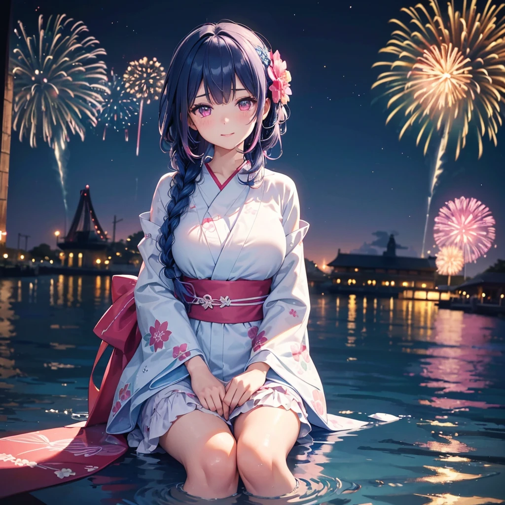(Sky Blue Medium Hair:1.2), (Braided Hair),(Pink Eyes),Fair skin ,(whole body),(1 girl)、Floral Yukata、summer night、Extra-large fireworks filling the night sky、Huge fireworks launched from the sea、Watching the fireworks while sitting next to each other、smile、Straight bangs,(masterpiece, Highest quality, Very detailed, Best Shadow), (Detailed Background), (Beautifully detailed face), High Contrast, (Best lighting, Very delicate and beautiful), ((Cinematic Light)), colorful, Hyper Detail 8k, Dramatic Light, Intricate details,Fireworks reflected on the water surface、