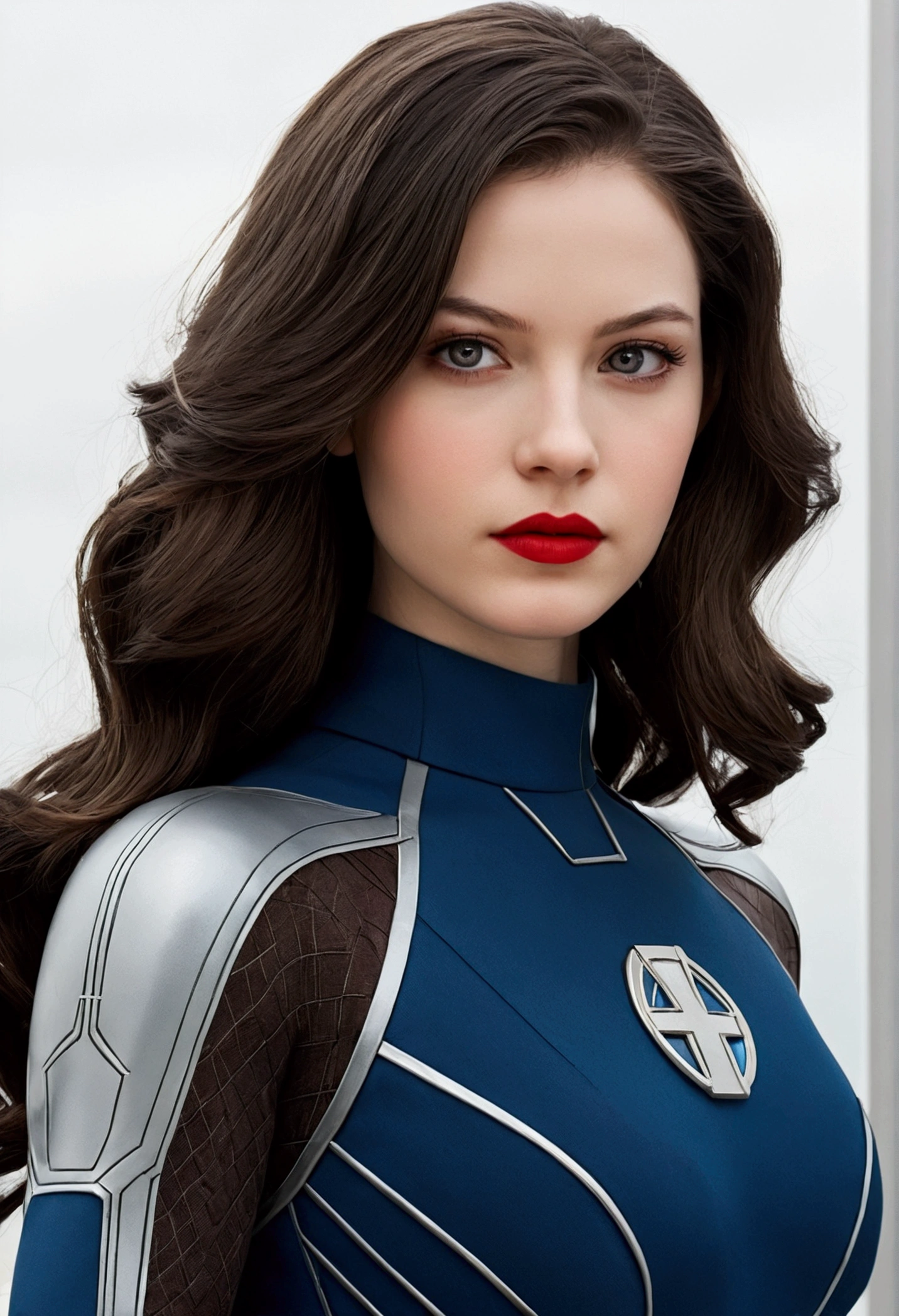 marvel conical panel, adolescent, fair and pale skin, gray eyes, long dark brown hair, with layered haircut , long eyelashes, fantastic four suit , eyeliner, Red lips