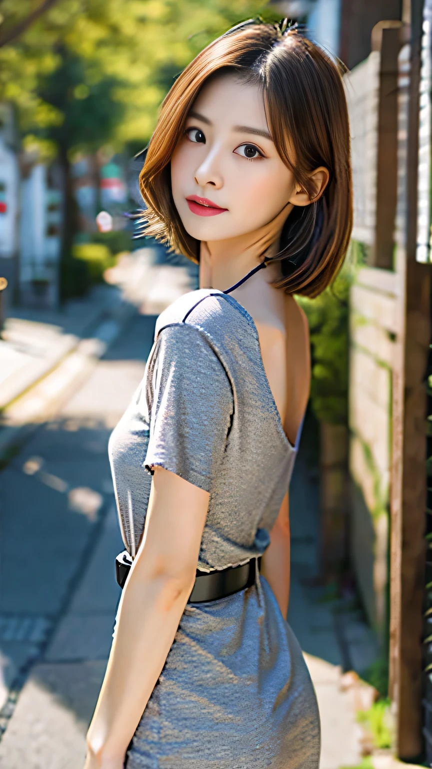 8k, High resolution, High resolution, RAW Photos, masterpiece, Highest quality, Sharp focus, Hyper Detail, In detail, Walking towards here、Front view、A photo showing your thighs to your head、
One Japanese woman、28-year-old housewife、Transparent throughout makeup, Plain T-shirt、A grey maxi-length tight knit dress、belt、Small breasts、Detailed eyes、Symmetrical eyes、Beautiful Eyes、Her hairstyle is light brown bob hair.、The background is a back alley、