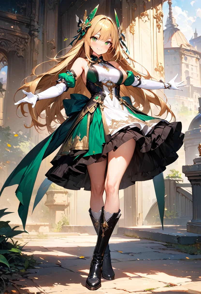 (masterpiece),(best quality),(ultra-detailed),(best illustration),(best shadow),(absurdres),(detailed background),(very aesthetic), 1girl, green-eyes, solo, gloves, blonde-hair, ((long-hair)), white-gloves, looking-at-viewer, full-body, simple-background, boots, dress, breasts, smile, standing, hair-ornament, closed-mouth, bangs, outstretched-arms, knee-boots, medium-breasts, bare-shoulders, detached-sleeves, ribbon, headgear, blush, sleeveless, elbow-gloves, skirt
