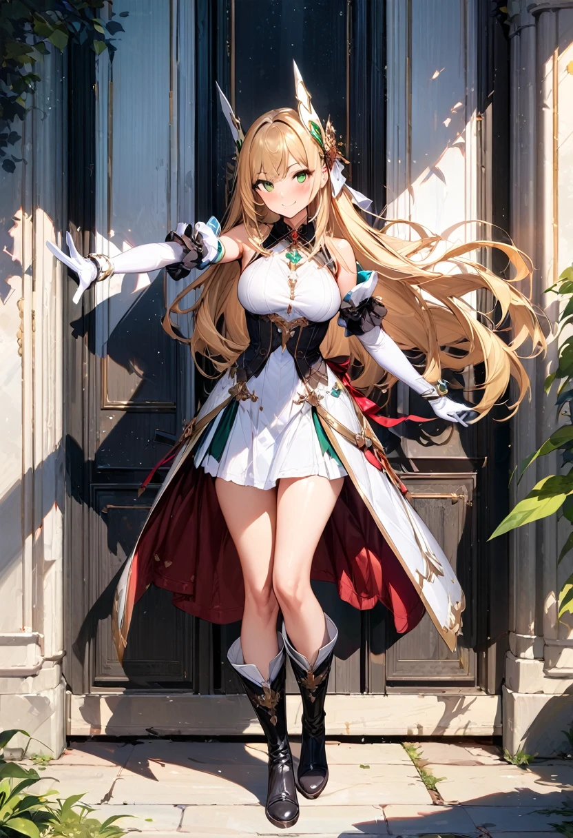 (masterpiece),(best quality),(ultra-detailed),(best illustration),(best shadow),(absurdres),(detailed background),(very aesthetic), 1girl, green-eyes, solo, gloves, blonde-hair, ((long-hair)), white-gloves, looking-at-viewer, full-body, simple-background, boots, dress, breasts, smile, standing, hair-ornament, closed-mouth, bangs, outstretched-arms, knee-boots, medium-breasts, bare-shoulders, detached-sleeves, ribbon, headgear, blush, sleeveless, elbow-gloves, skirt