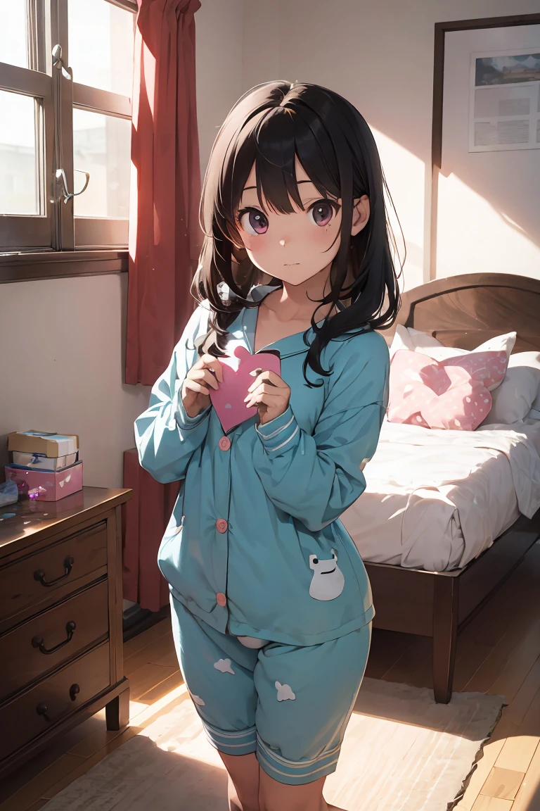 (Masterpiece, top quality, absolute resolution, real stick, realistic materials and textures, perfect anatomy), BREAK Subject: Photo girl Subtitle: Junior high school girls, thighs, small, cute, Kigurumi pajamas BREAK pink kawaii room , pink gothic room, messy room, Marchen, macarons, Candy, heart item, ribbon,star item, small window, (Miscellaneous goods are placed in a mess:1.3),dresser, antimacassar ,