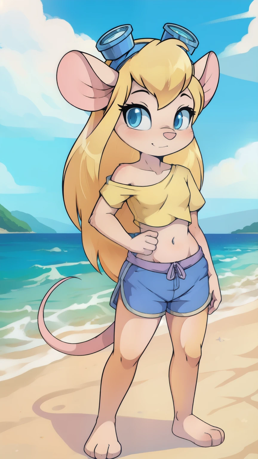 Gadget Hackwrench, young, mouse, blonde hair, long hair, narrowed eyes, blue eyes, pink nose, body fur, small breasts, detailed body fur, detailed face, detailed eyes, glistering body, shiny body, gorgeous body, masterpiece, high quality, ((goggles, yellow shirt, one shoulder off, midriff, blue shorts)), full body, feets with three toes, 3 toes, beach, clear sky, skinny, :3, standing, thicker lines anime style,